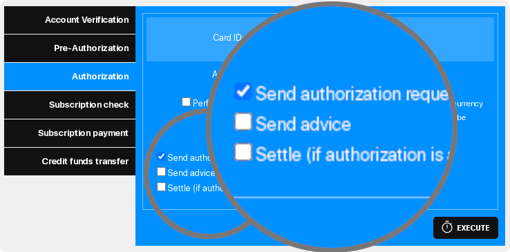 How to choose authorization, advice or settlement with transaction simulator